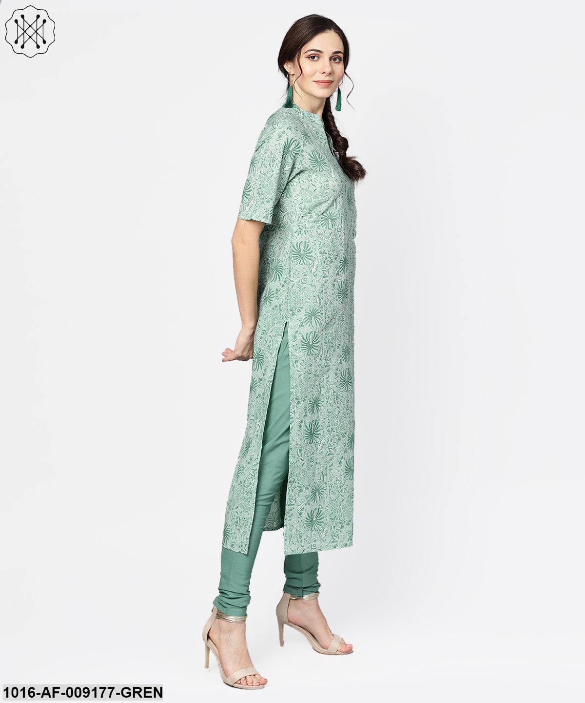 Pastel Green Kurta With Stand Collar & 3/4 Sleeves With Churidar