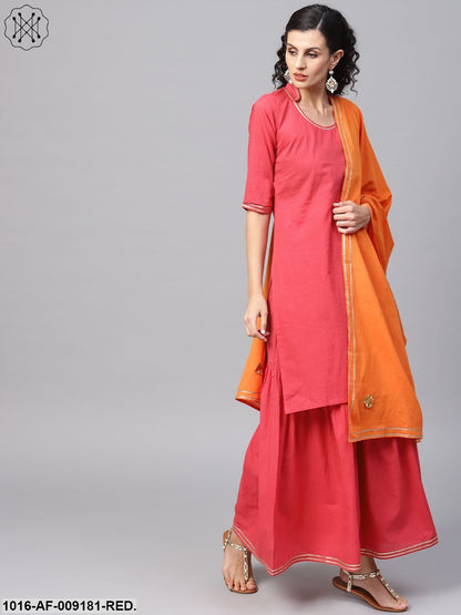Solid Red Kurta Set With Sharara & Contrasting Dupatta