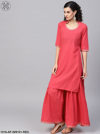 Solid Red Kurta Set With Sharara & Contrasting Dupatta