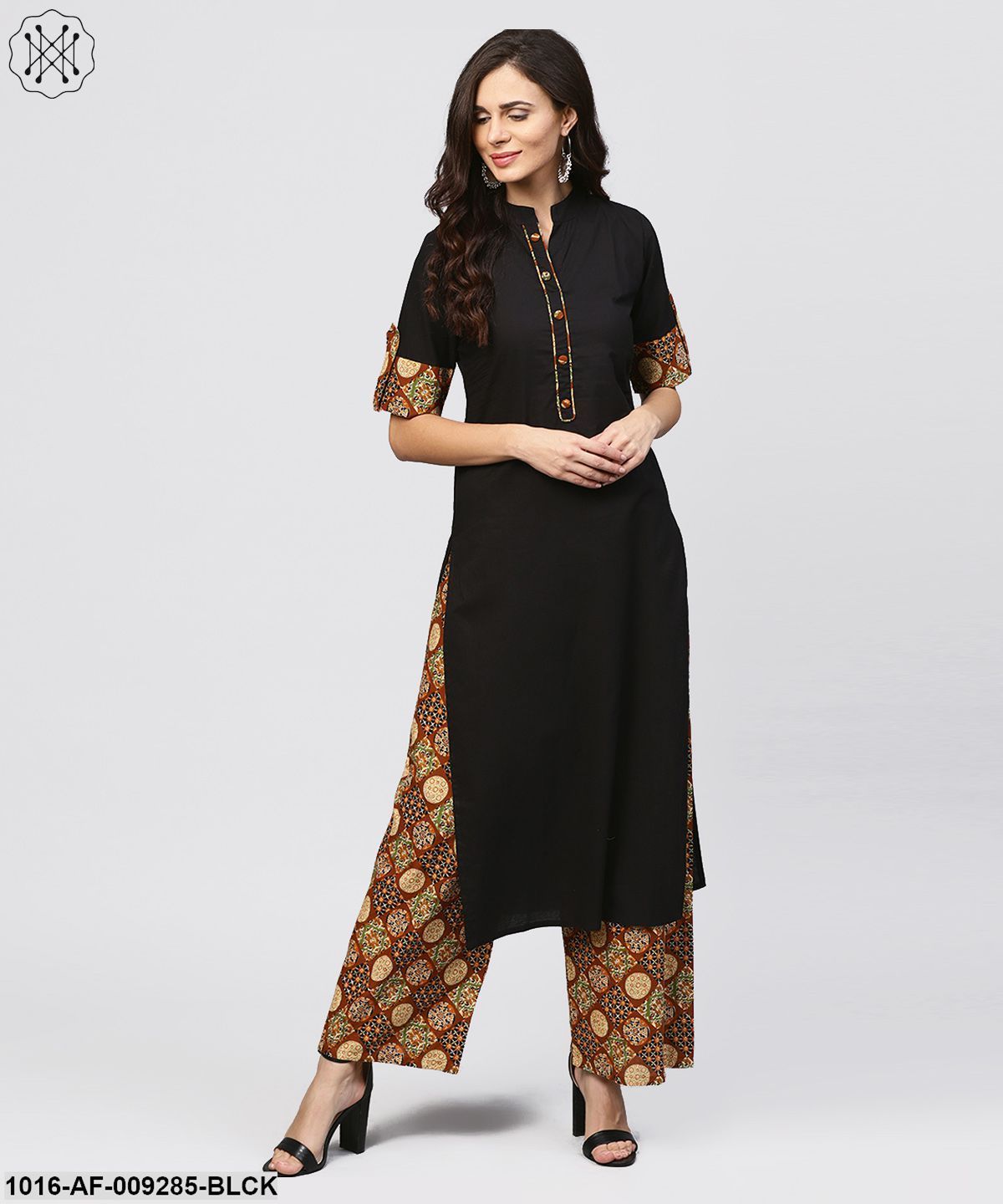 Madarin Collar And Front Placket Cotton Kurta With Ankle Length Printed Palazzo