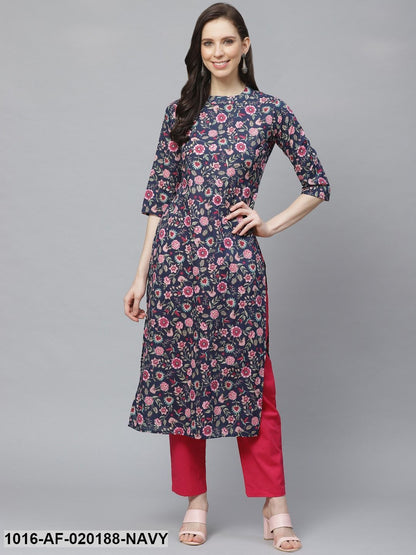 Navy Blue & Pink Floral Print Kurta with Trousers
