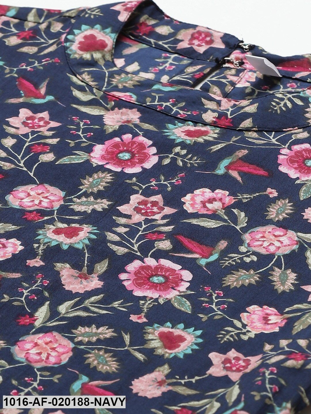 Navy Blue & Pink Floral Print Kurta with Trousers