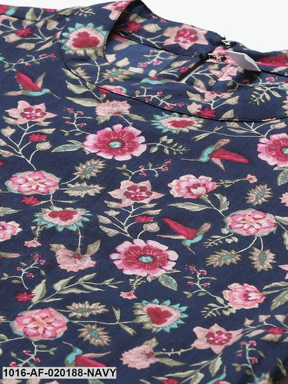 Navy Blue & Pink Floral Print Kurta with Trousers