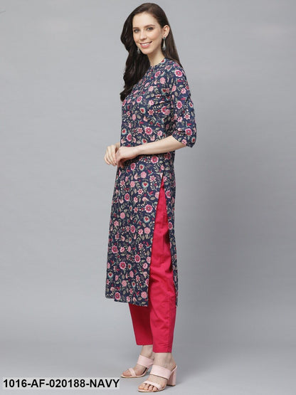 Navy Blue & Pink Floral Print Kurta with Trousers