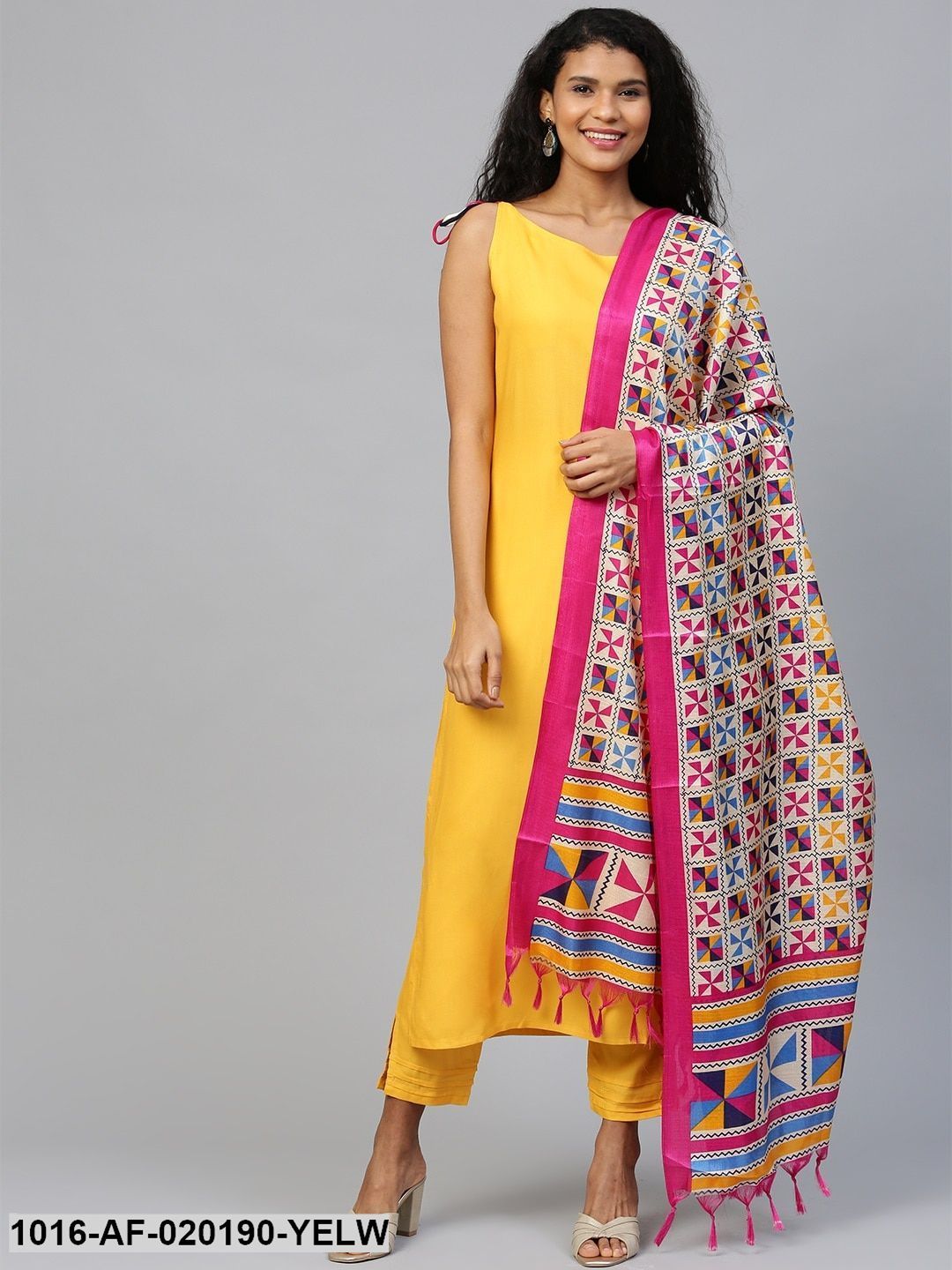 Yellow & Beige Solid Kurta with Trousers & Dupatta