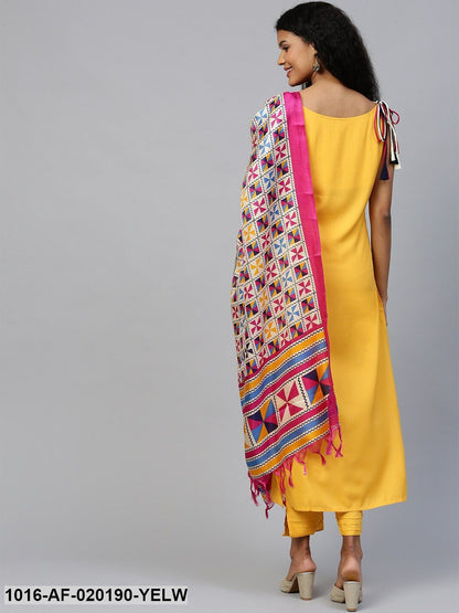 Yellow & Beige Solid Kurta with Trousers & Dupatta