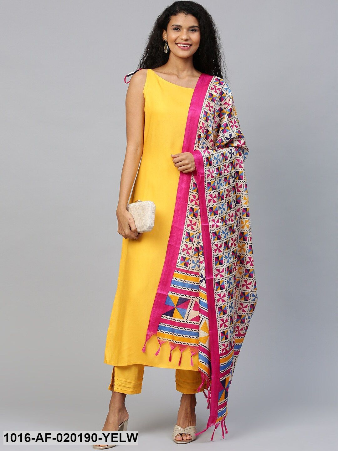 Yellow & Beige Solid Kurta with Trousers & Dupatta