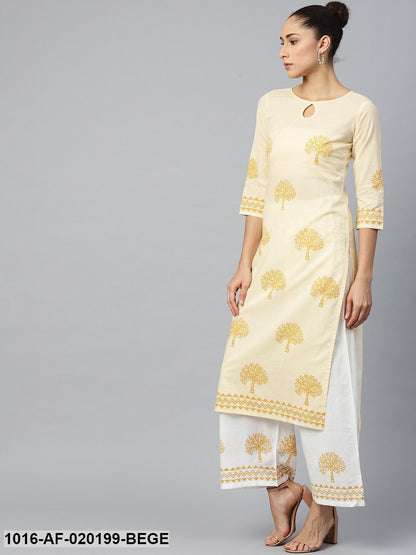Beige & White Printed Kurta with Palazzos