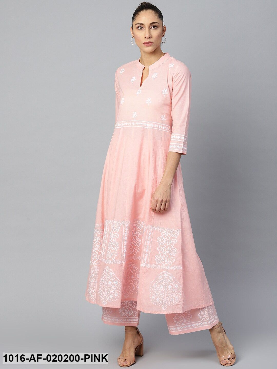 Pink & White Ethnic Motifs Print A-Line Kurta with Palazzos