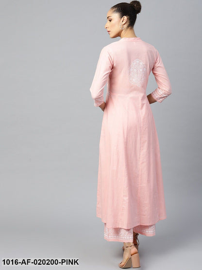 Pink & White Ethnic Motifs Print A-Line Kurta with Palazzos