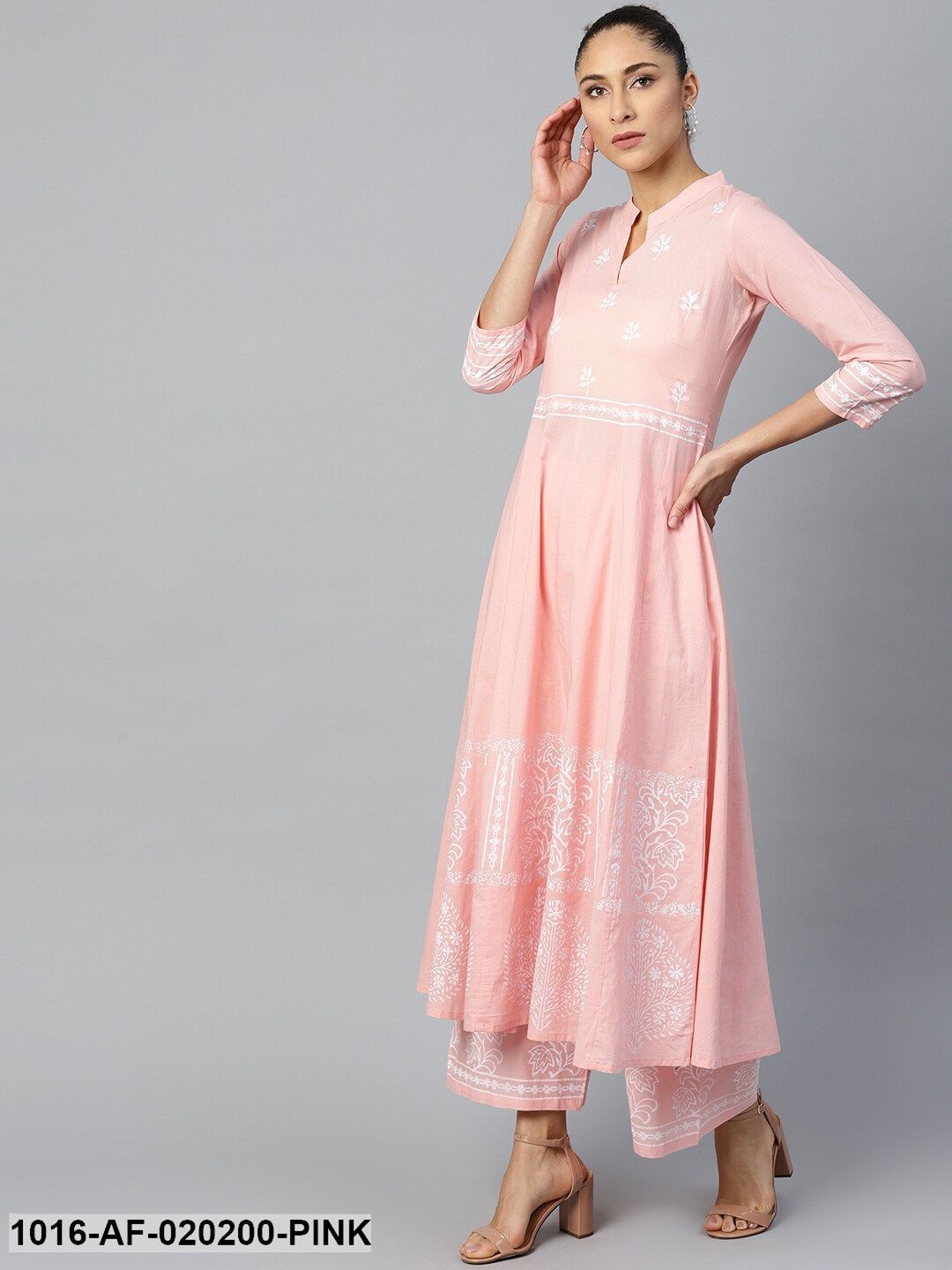 Pink & White Ethnic Motifs Print A-Line Kurta with Palazzos