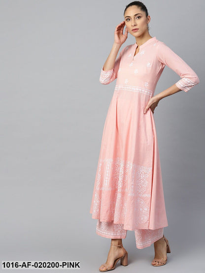 Pink & White Ethnic Motifs Print A-Line Kurta with Palazzos
