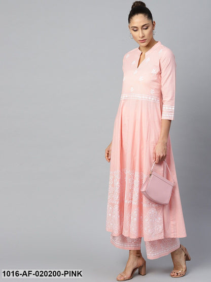 Pink & White Ethnic Motifs Print A-Line Kurta with Palazzos