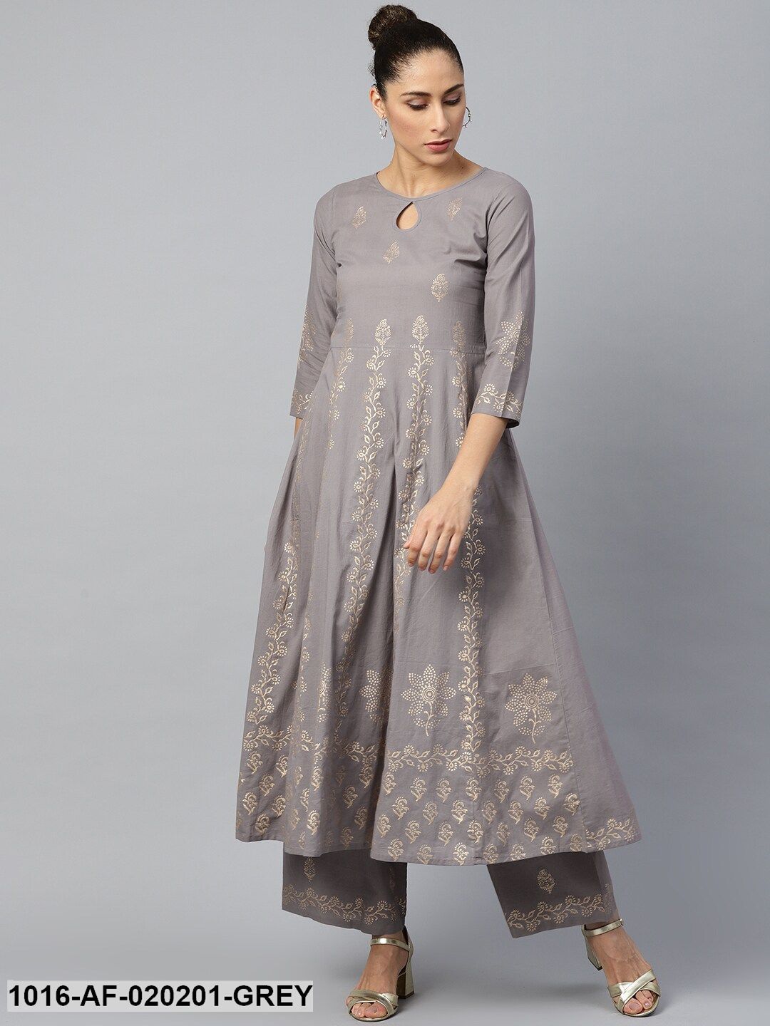 Grey & Golden Ethnic Motifs Print A-Line Kurta with Palazzos