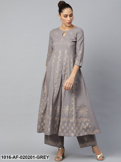 Grey & Golden Ethnic Motifs Print A-Line Kurta with Palazzos