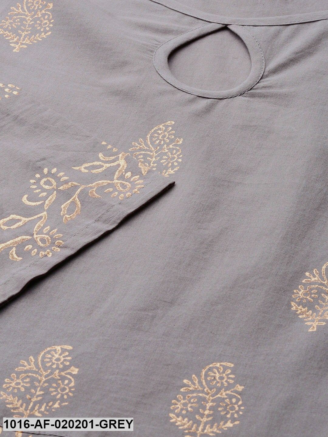 Grey & Golden Ethnic Motifs Print A-Line Kurta with Palazzos