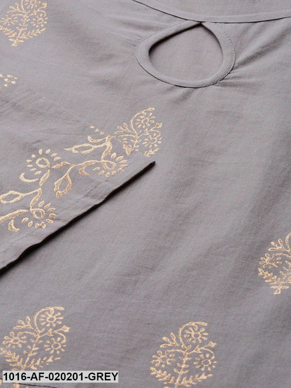 Grey & Golden Ethnic Motifs Print A-Line Kurta with Palazzos