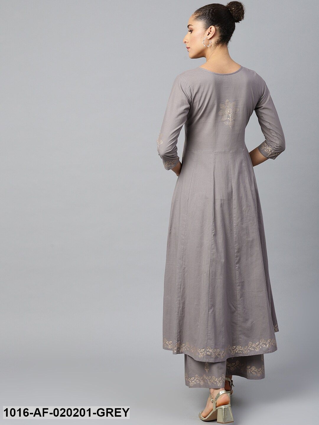 Grey & Golden Ethnic Motifs Print A-Line Kurta with Palazzos