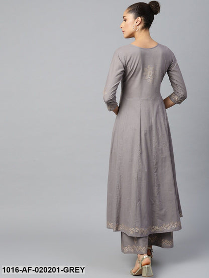 Grey & Golden Ethnic Motifs Print A-Line Kurta with Palazzos