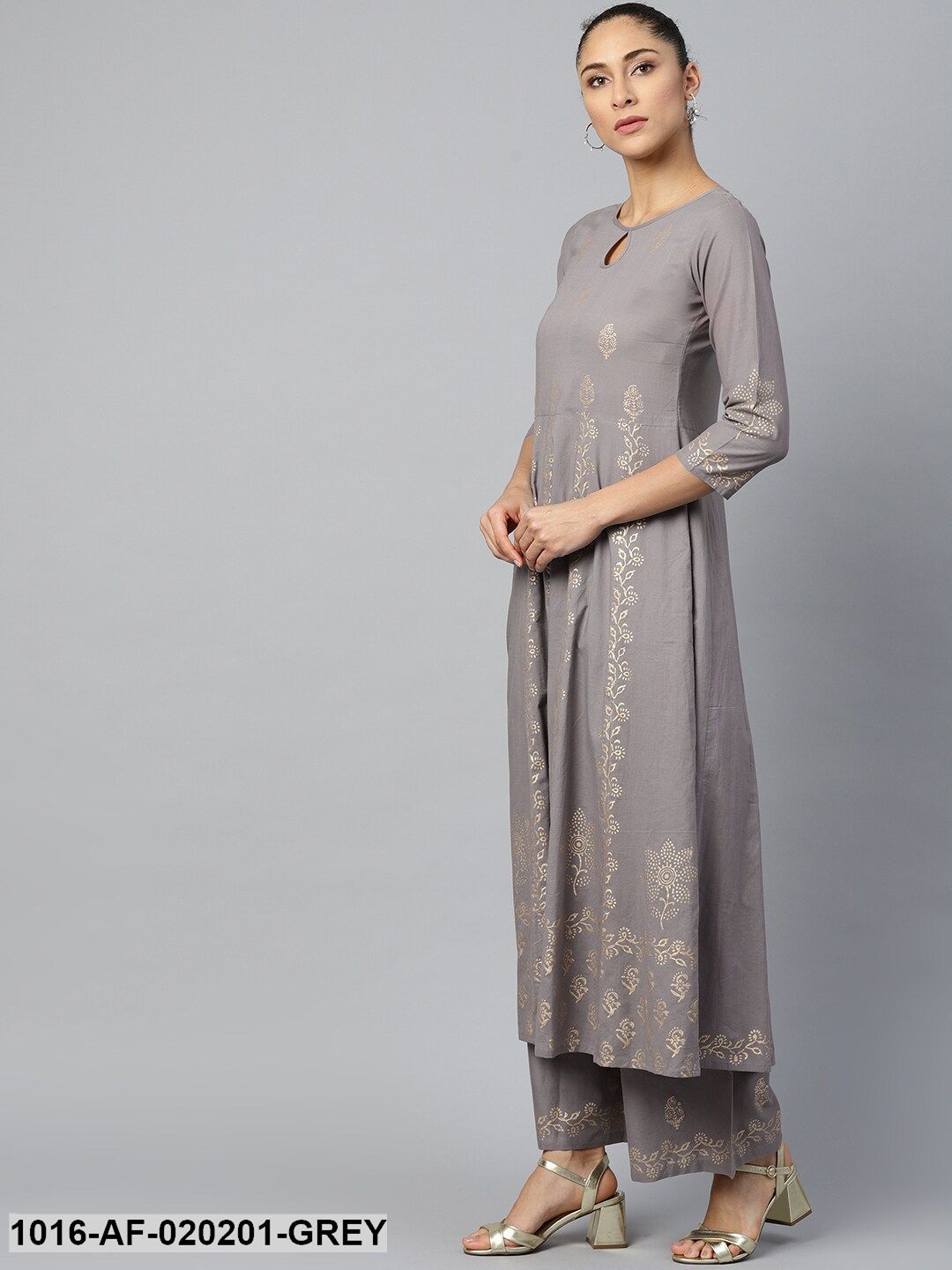 Grey & Golden Ethnic Motifs Print A-Line Kurta with Palazzos
