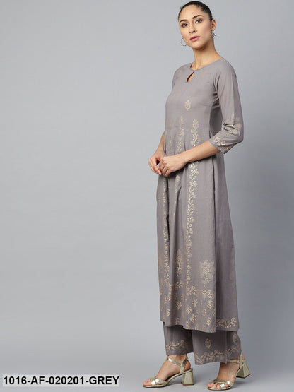 Grey & Golden Ethnic Motifs Print A-Line Kurta with Palazzos