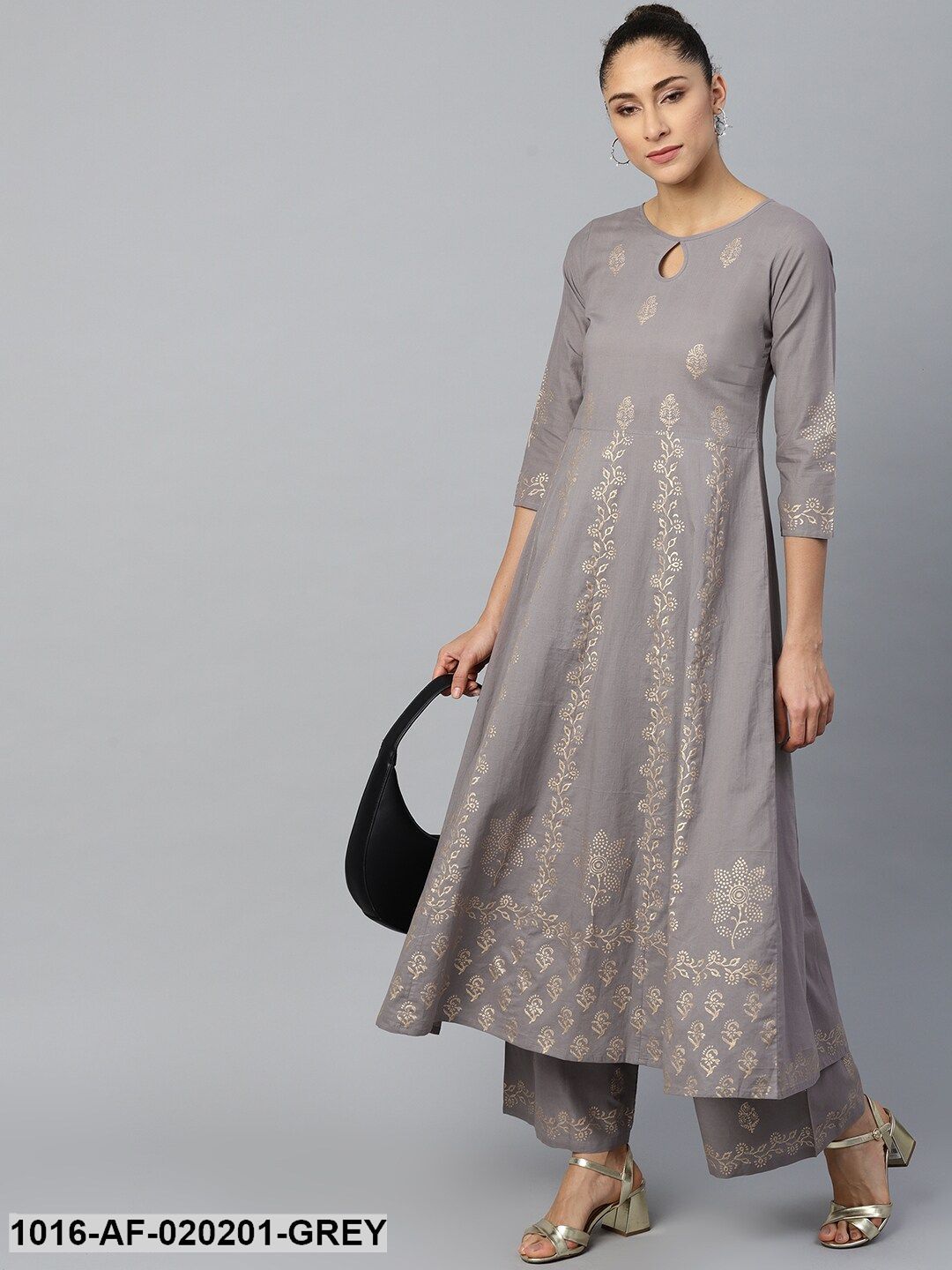Grey & Golden Ethnic Motifs Print A-Line Kurta with Palazzos