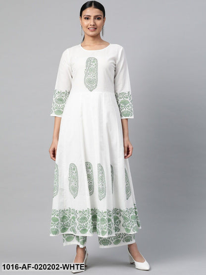 White & Green Ethnic Motif Block Print Kurta with Palazzos