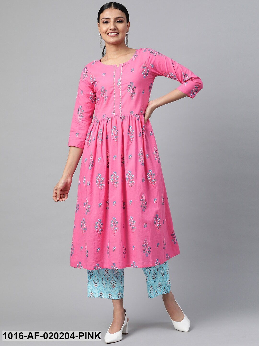Pink & Blue Floral Print Kurta with Palazzos