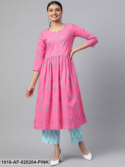 Pink & Blue Floral Print Kurta with Palazzos