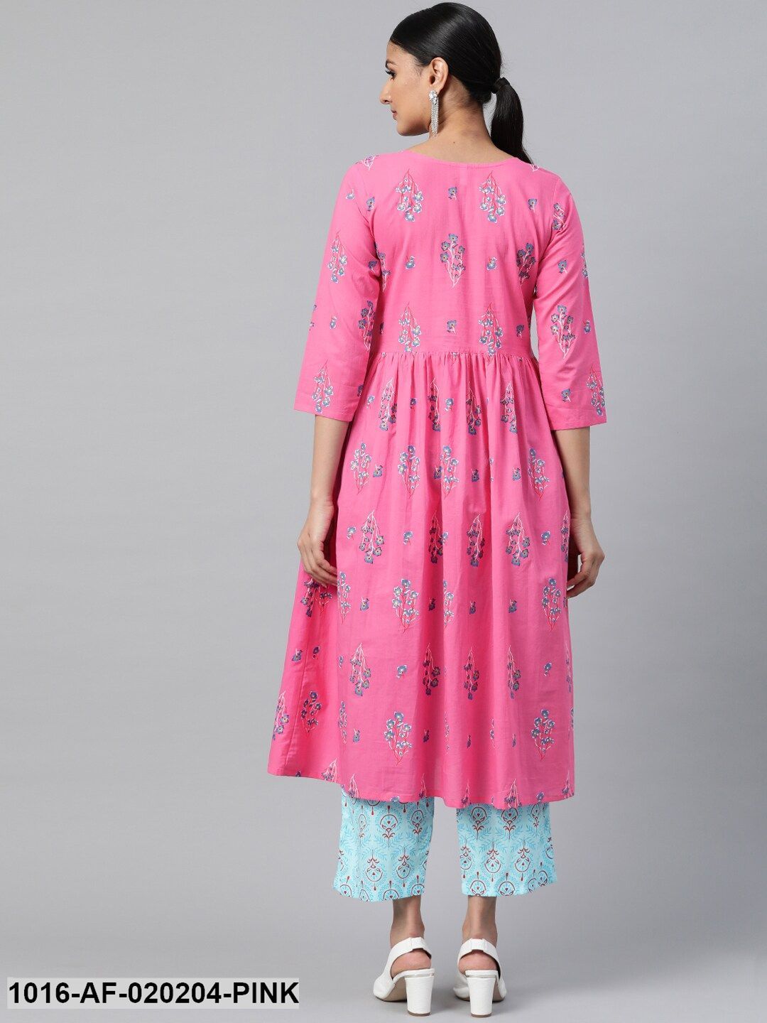 Pink & Blue Floral Print Kurta with Palazzos