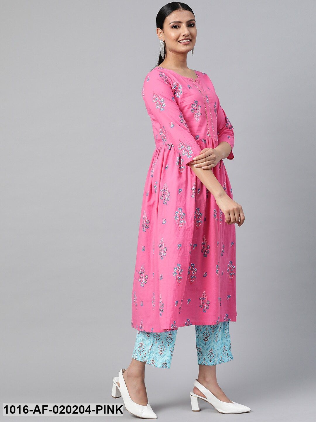 Pink & Blue Floral Print Kurta with Palazzos