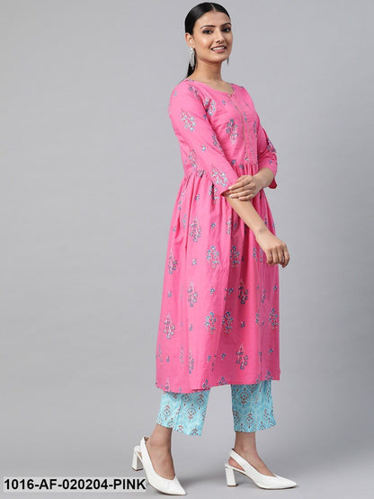 Pink & Blue Floral Print Kurta with Palazzos