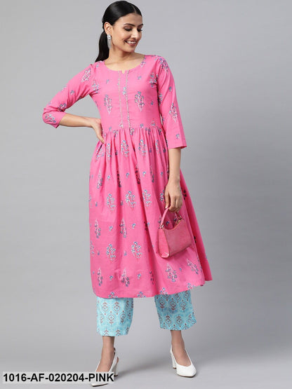 Pink & Blue Floral Print Kurta with Palazzos