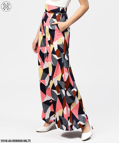 Geometric Printed High-Waisted Palazzo Pants With Pockets