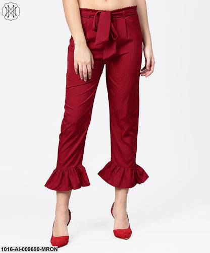 Maroon Ankle Length Crepe Straight Palazzo With Belt