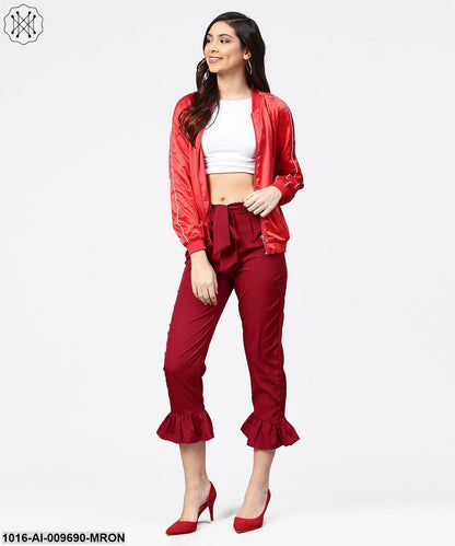 Maroon Ankle Length Crepe Straight Palazzo With Belt