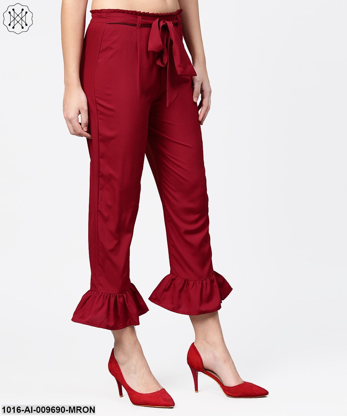 Maroon Ankle Length Crepe Straight Palazzo With Belt