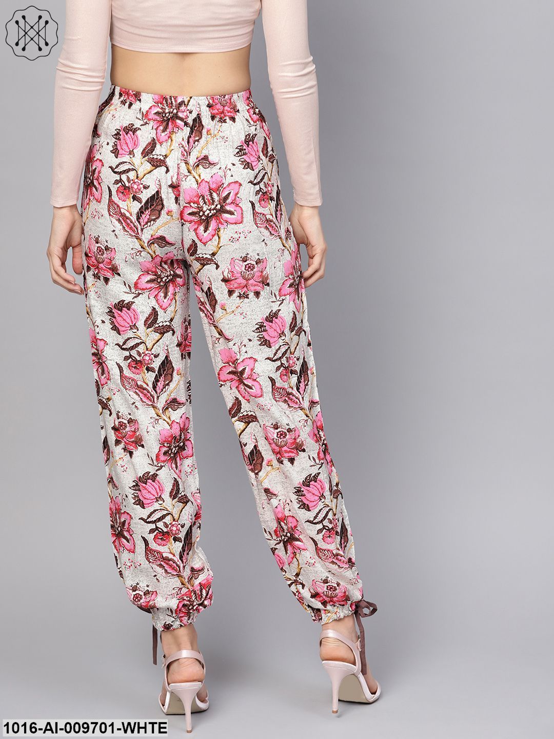 White & Chocolate Brown Printed Palazzo With Drawstring At Bottom