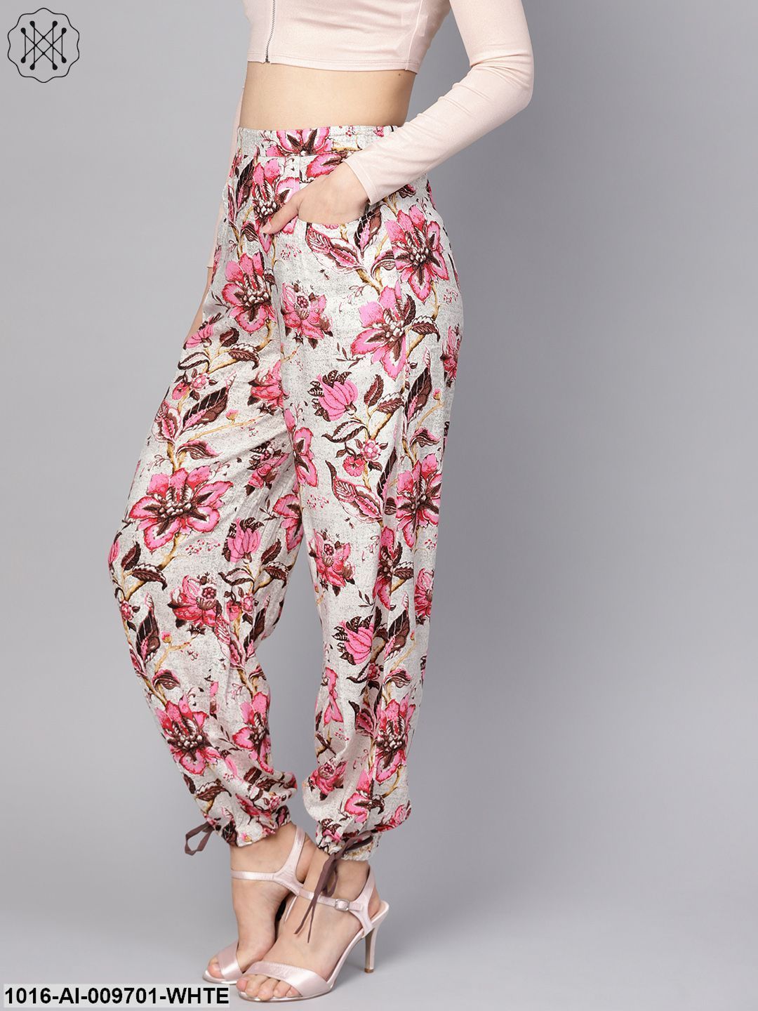 White & Chocolate Brown Printed Palazzo With Drawstring At Bottom