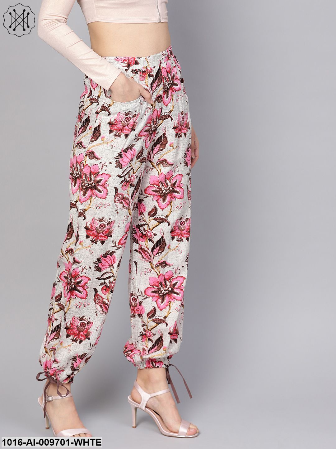 White & Chocolate Brown Printed Palazzo With Drawstring At Bottom