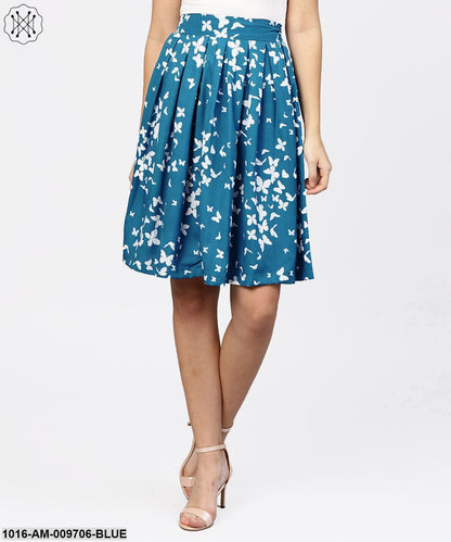 Blue Butterfly Printed Box Pleated Skirt