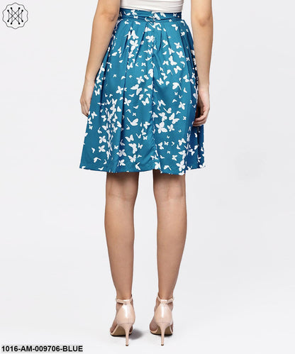 Blue Butterfly Printed Box Pleated Skirt