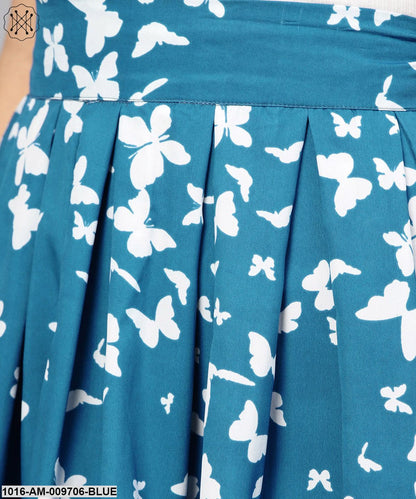 Blue Butterfly Printed Box Pleated Skirt