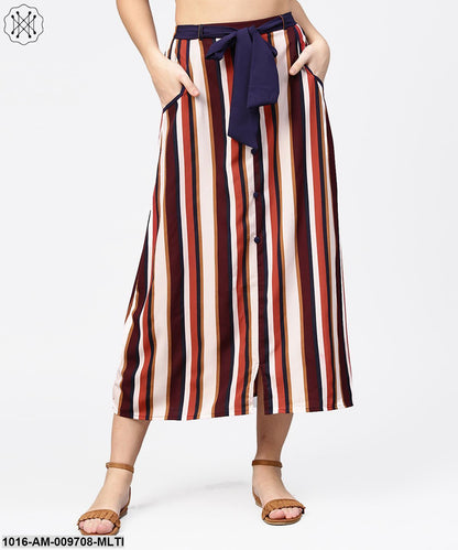 Multi Printed Ankle Length Flared Skirt With Button Work At Front