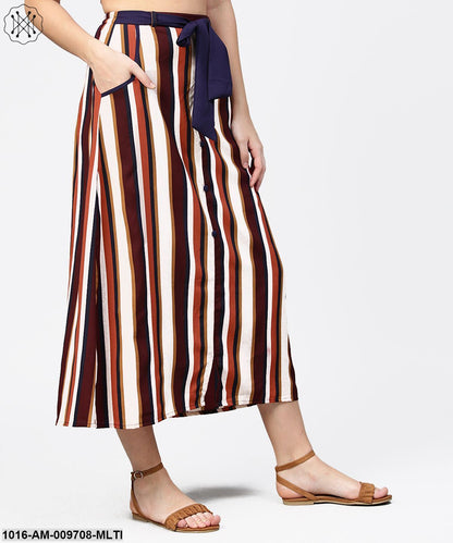 Multi Printed Ankle Length Flared Skirt With Button Work At Front