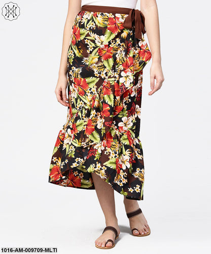 Multi Flower Printed Calf Length Skirt