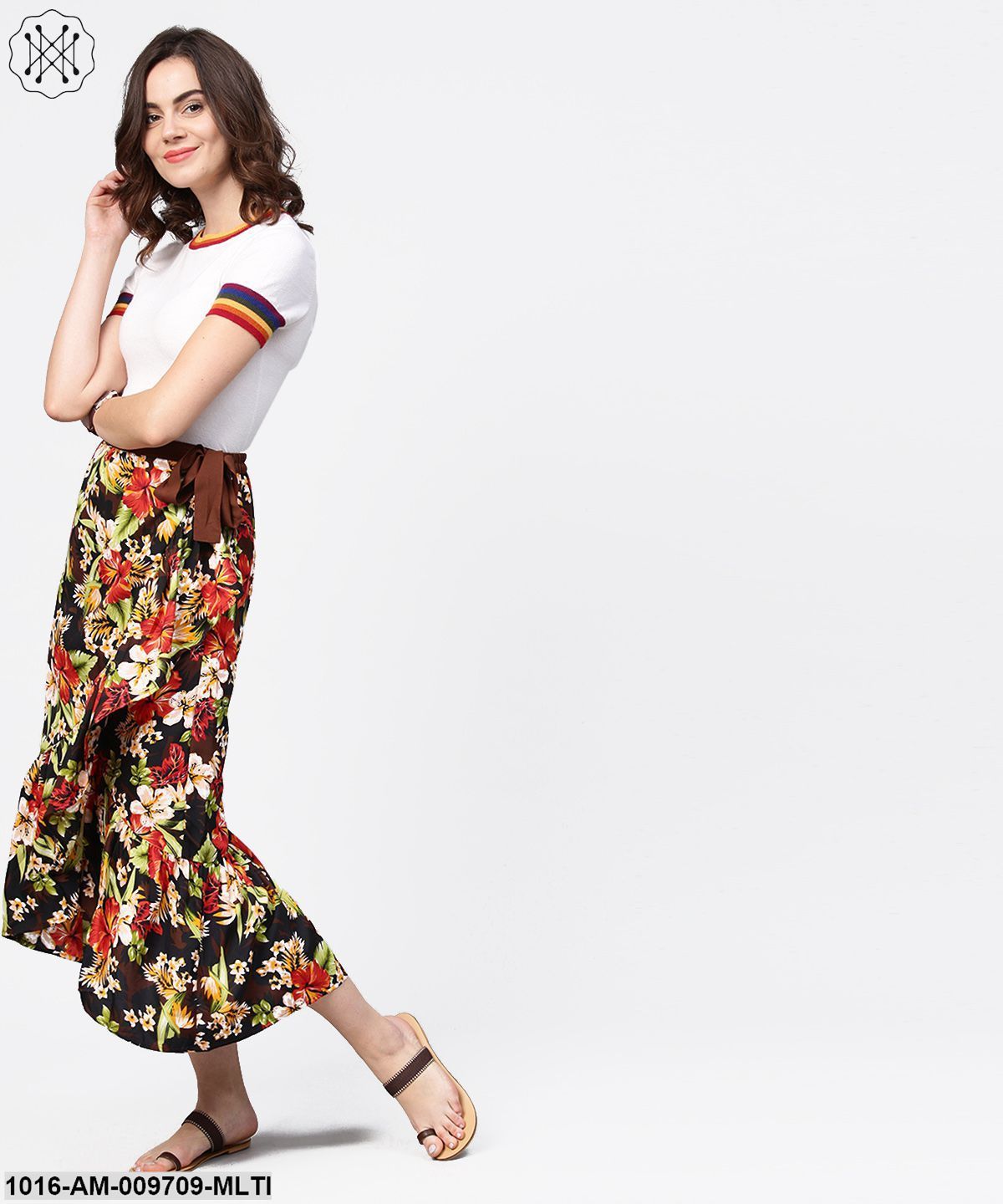Multi Flower Printed Calf Length Skirt