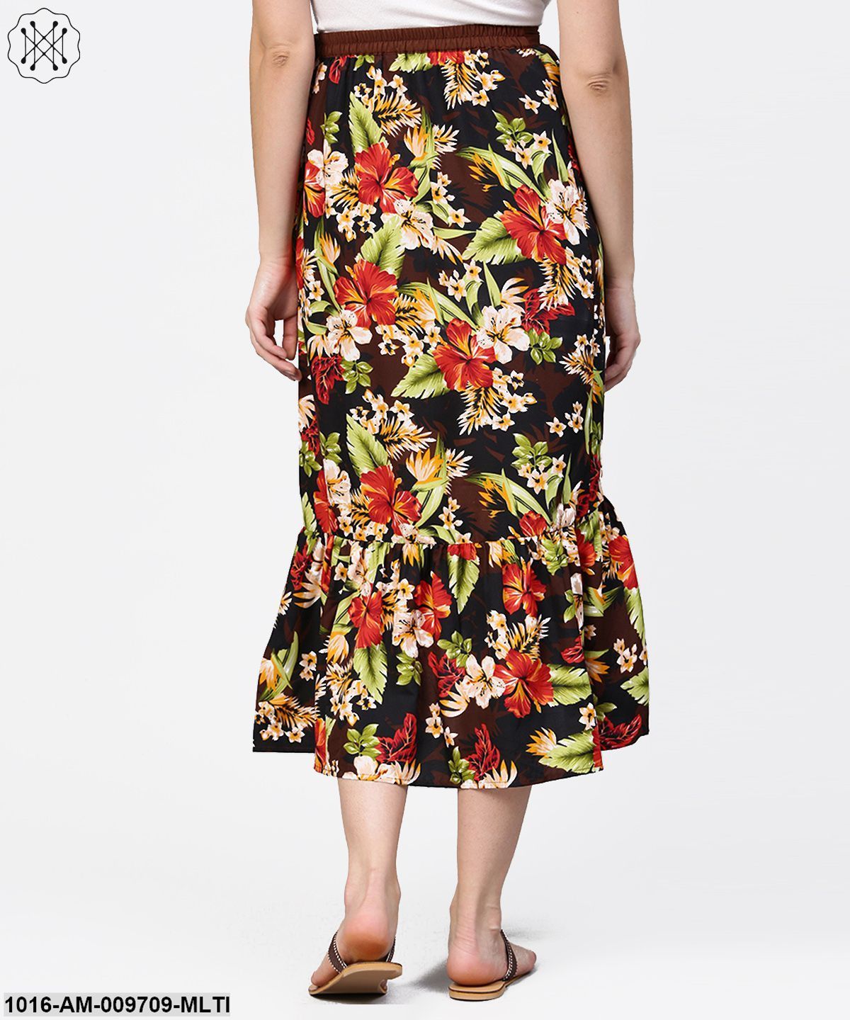 Multi Flower Printed Calf Length Skirt