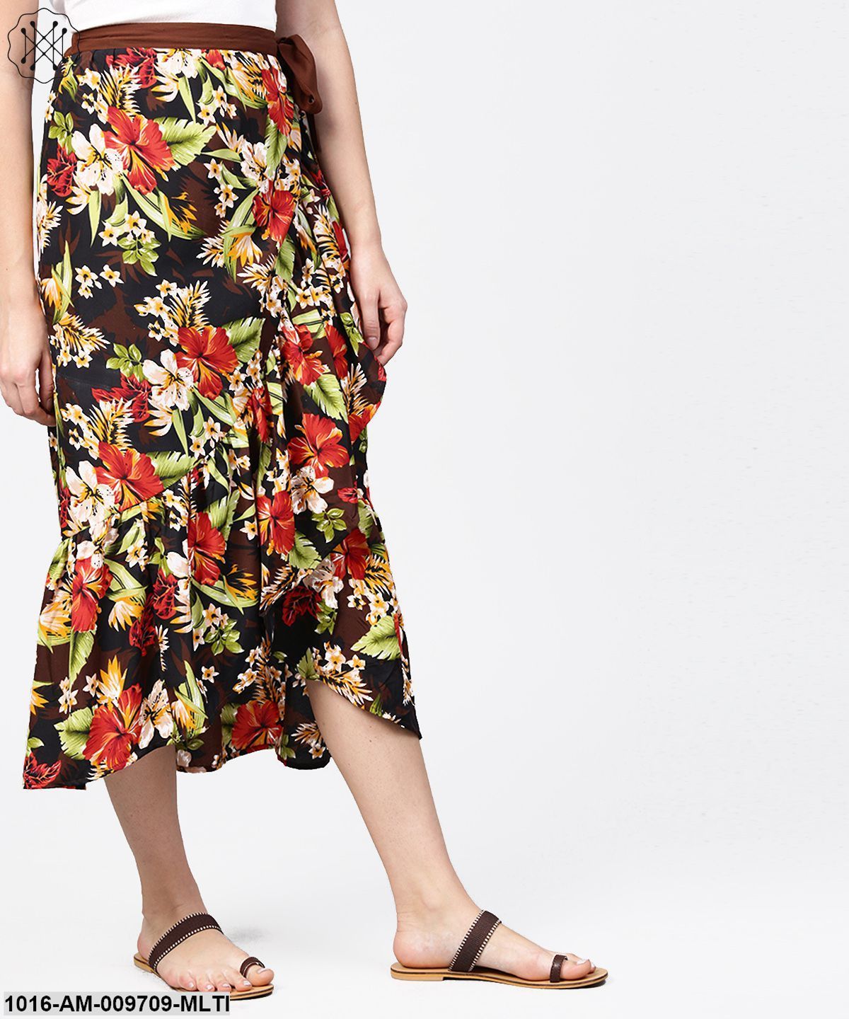 Multi Flower Printed Calf Length Skirt