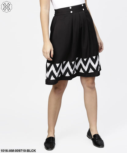 Black & White Printed Flared Skirt With Button